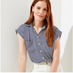 Ann Taylor LOFT Navy Blue Striped Dolman Cap Sleeve Button Front Top XL